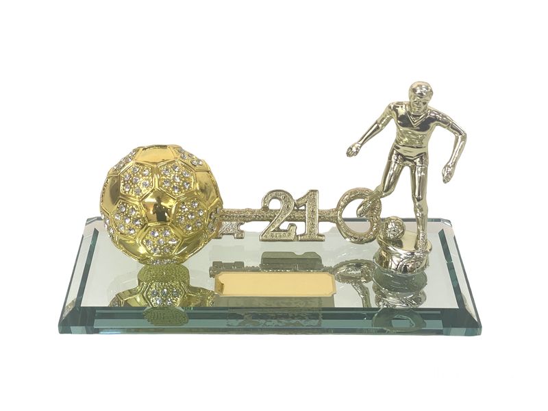 21st Key with Diamante Soccer Ball And Kicker on Glass Mirror Base