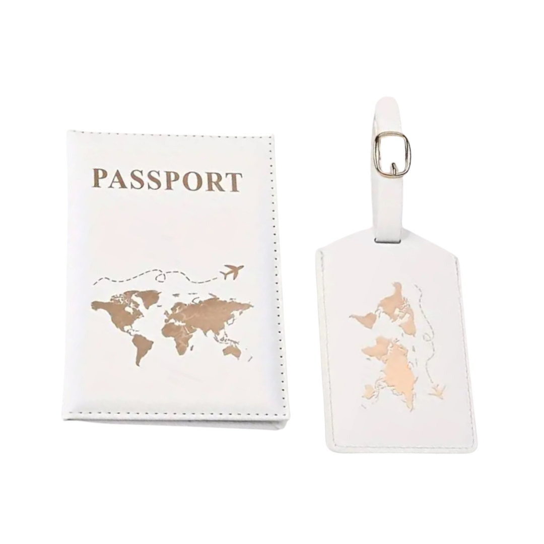 White & Gold World Map Matching Passport Cover Luggage Tag Set