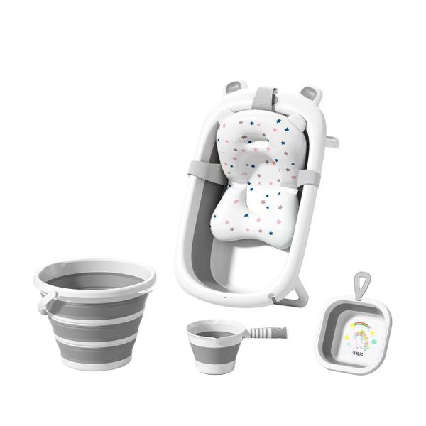 Foldable Baby Bathtub with Non-slip mat, Thermometer, and Foldable Bucket