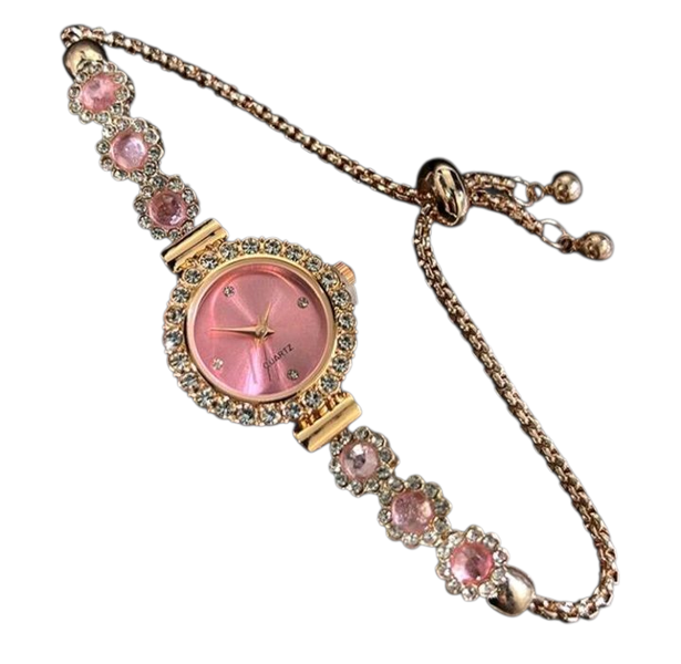 Women's Pink Crystal Beaded Drawstring Bracelet Quartz Watch