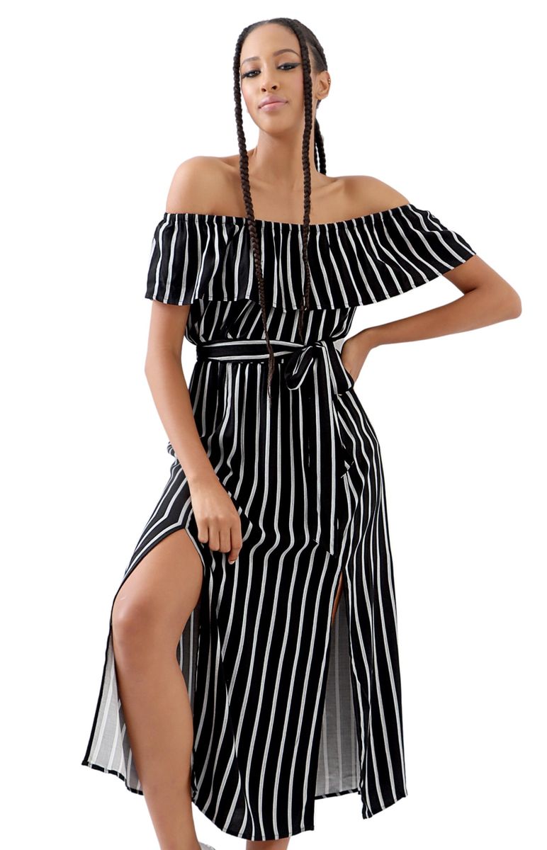 black and white striped dress off the shoulder