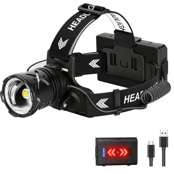 Rechargeable LED Zoom Headlamp, IPX4 Waterproof, 120 Adjustable