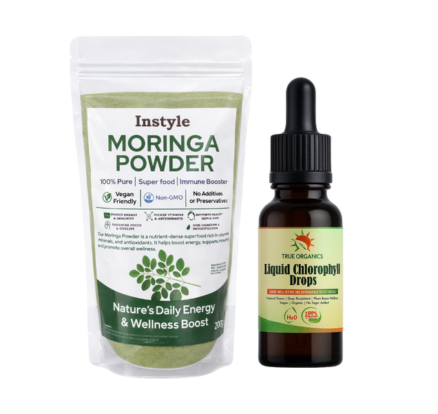 100% Organic Moringa Powder and True Organics Liquid Chlorophyll Drops