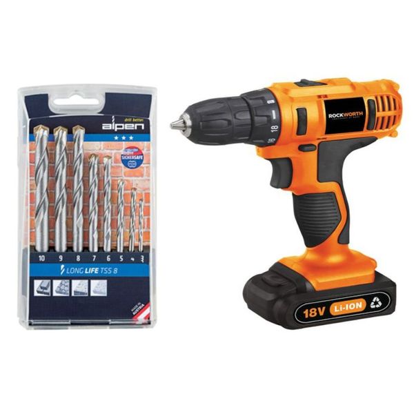Rockworth - Cordless Drill Combo with Alpen 8 Piece Masonry Drill Bit Set