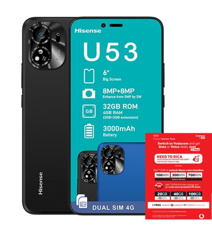 Hisense U53 32GB LTE Dual Sim - Black(NL) + Vodacom SIM Card Pack