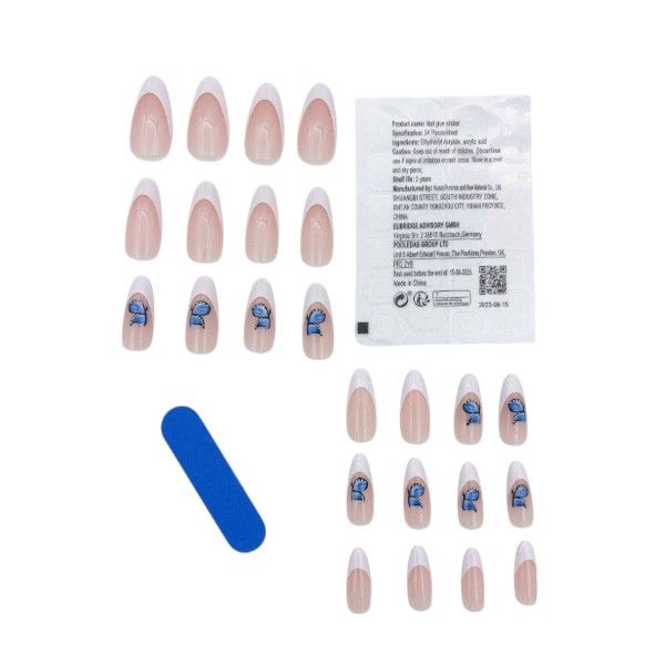 24 Piece Press On Nails Set With Blue Butterfly &amp; French Tips-Pink &amp; White