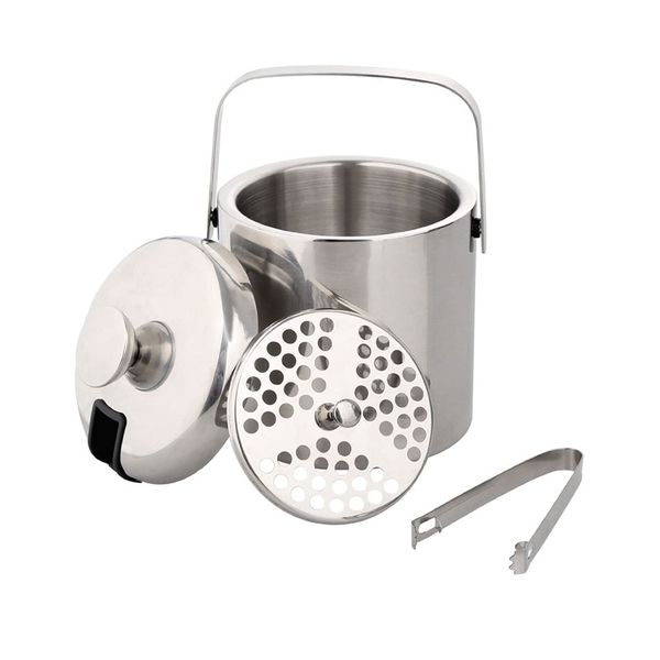 Double Walled 304 Stainless Steel Ice Bucket with Tongs And Lid - 1300ml
