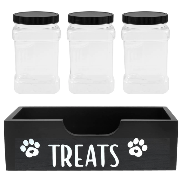 Pet Decor Dog/Cat 3 Plastic Treat Container and Wood Holder Box (32cm)