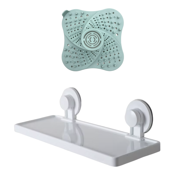 Bathroom Shelf with Suction Cups and Silicone Drain Strainer - 2 Pack
