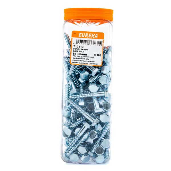 EUREKA Coach Screws Galvanised Mild Steel 8 x 50mm Q:100 T1C110