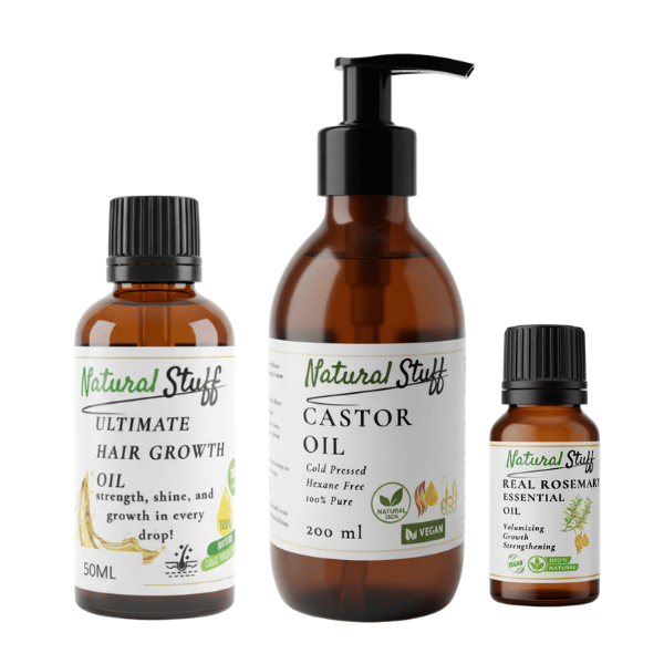 Natural Stuff Hair Growth Starter Kit -Castor, Rosemary &amp; Growth Oil Bundle