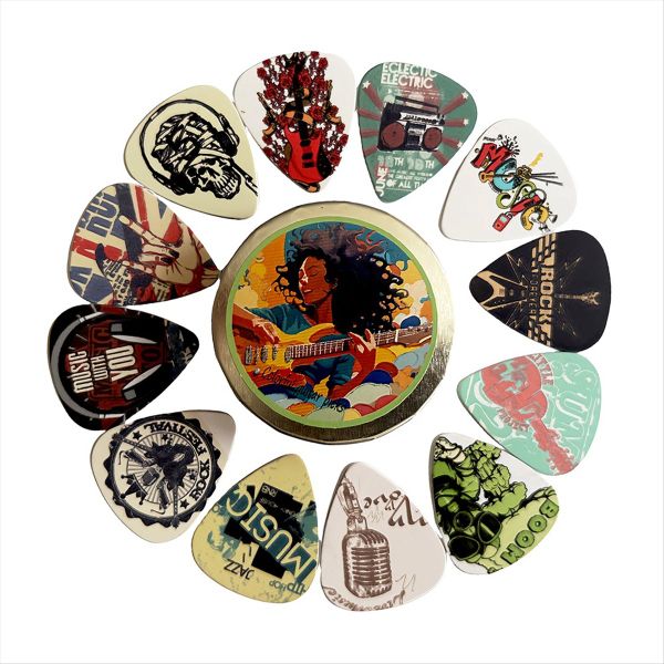 12PCS ABS Guitar Picks with Metal Box - Colorful Printed Plectrums for Elec