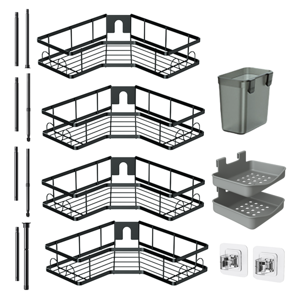 7- Piece Adjustable Length Shower Corner Organizer With Hooks, No Drilling