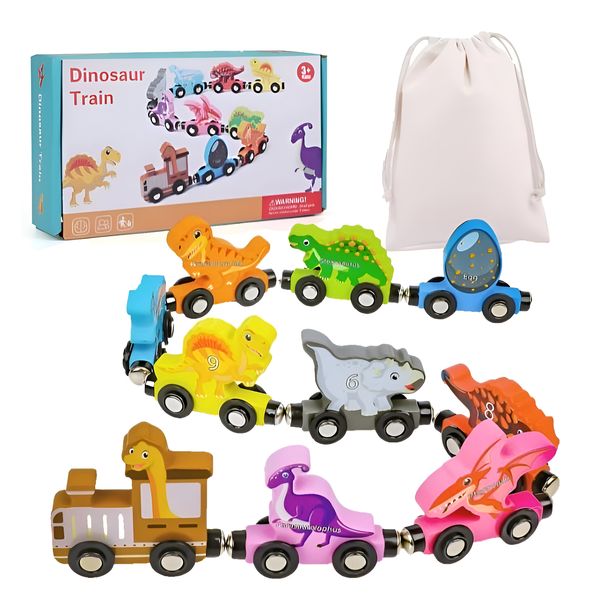 Magnetic Wooden Dinosaur Number Train Set for Toddlers and Kids - 10 Piece