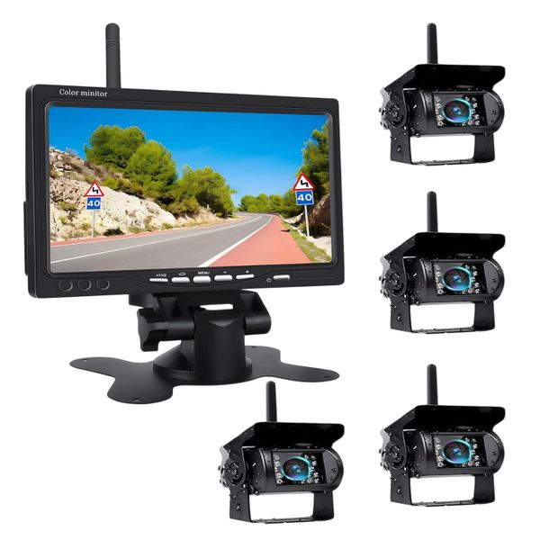 Universal 7" Waterproof Car Backup HD TFT LCD Monitor with 4x Camera System