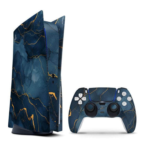 Decal Skin Compatible with PS5 (Disc) - Dark Blue Marble Gold Veins (Decal Only)