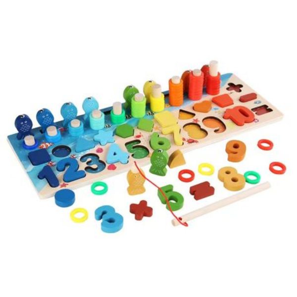 4-in-1 Wooden Educational Toy Set - Numbers, Shapes, Stacking &amp; Fishing