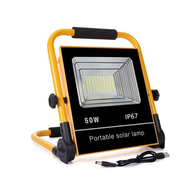 Portable LED Flood Light Solar &amp; USB Charge IP67 Waterproof With Remote 50W