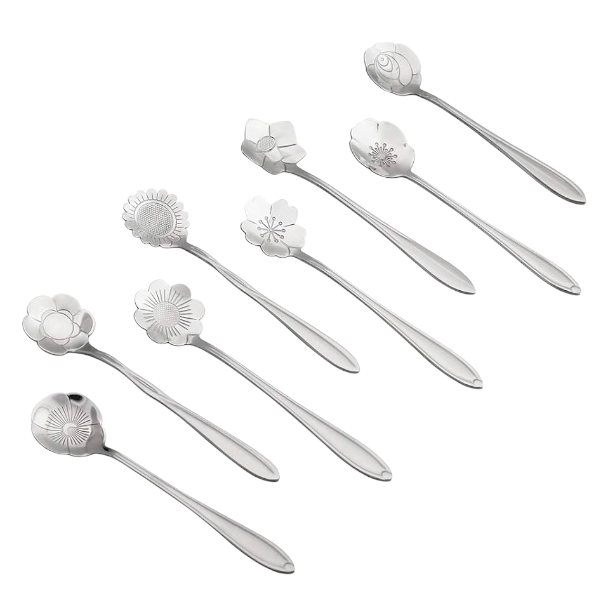 8Pcs Floral Design Stainless Steel Spoon Set - Silver