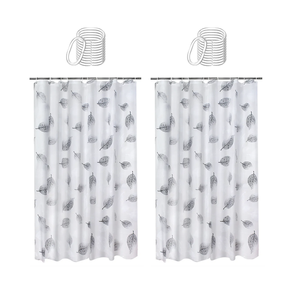 Grey Leaf Premium Shower Curtain &amp; Hooks - 180 x 180cm - 2 Pack