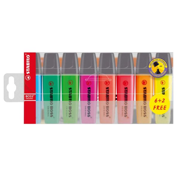 Stabilo Boss Highlighters in Wallet 6+2 P7008 Assorted (Set 8) x 2