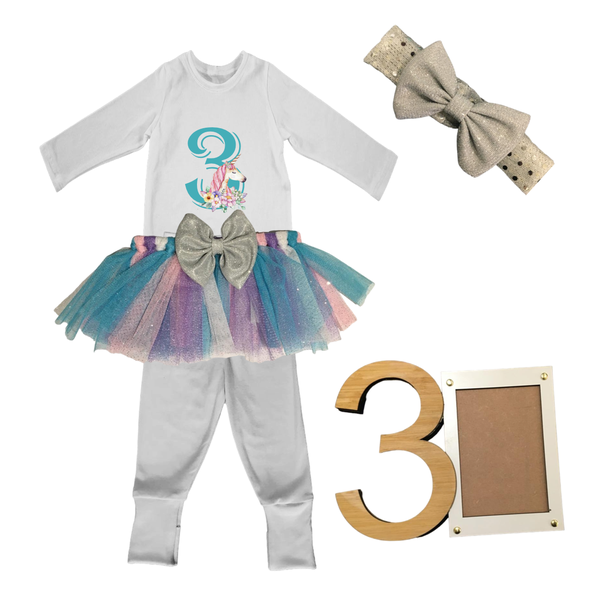 3rd Birthday- Bright Unicorn Tutu With Headband And Photo Frame / 3