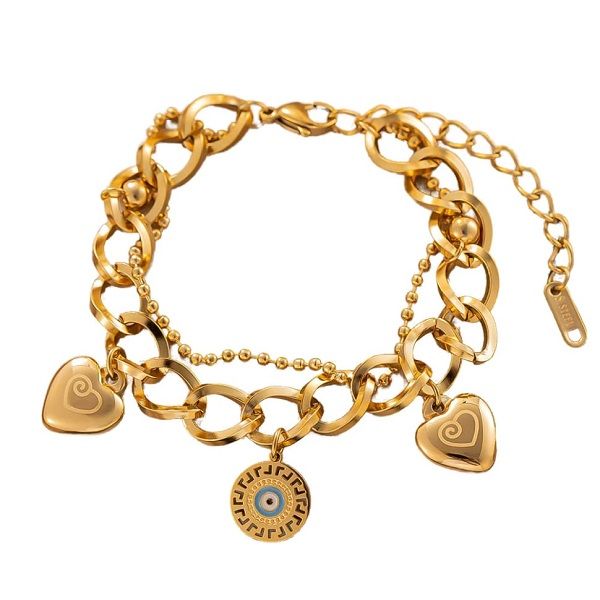 Gold Plated Evil Eye with Hearts Pendant Bracelet