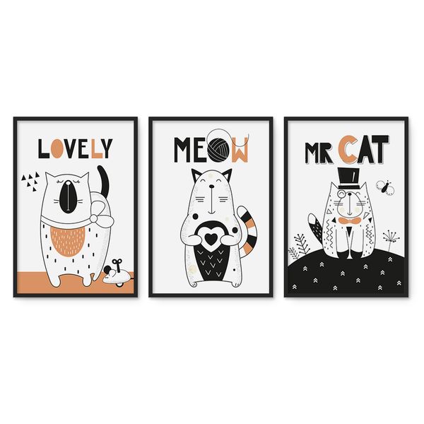 Cape Art Framed Canvas 3 Piece 45x65cm Playful Cat Trio