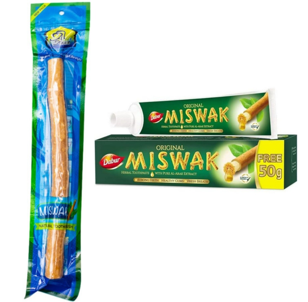 Al Khair Miswak Natural Toothbrush 8 inch &amp; Dabur Miswak Toothpaste 170g