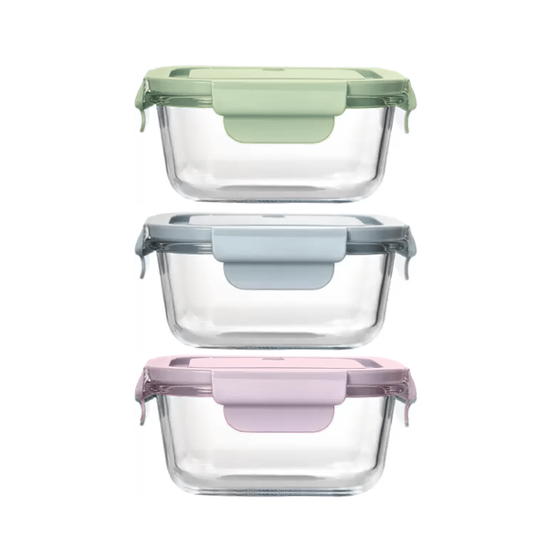 800ml Leak-Proof Glass Square Food Container - 3 Pack Mix
