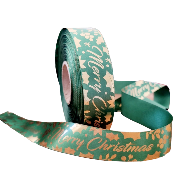 Green Printed Satin - Merry Christmas Holly Design in Gold - 50m