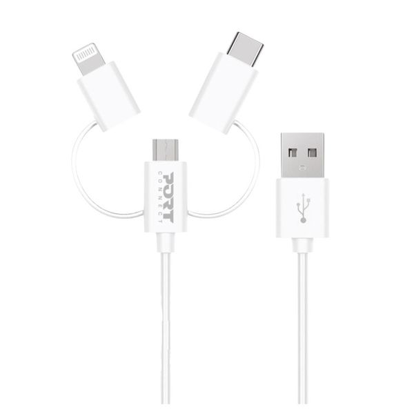 PORT 3in1 Cable - Lighting - Type C - Micro USB - 1.2m - White