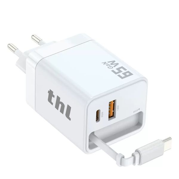 thl 65W GaN USB-C Charger - Retractable Cable, Dual Port (A+C) for Phone