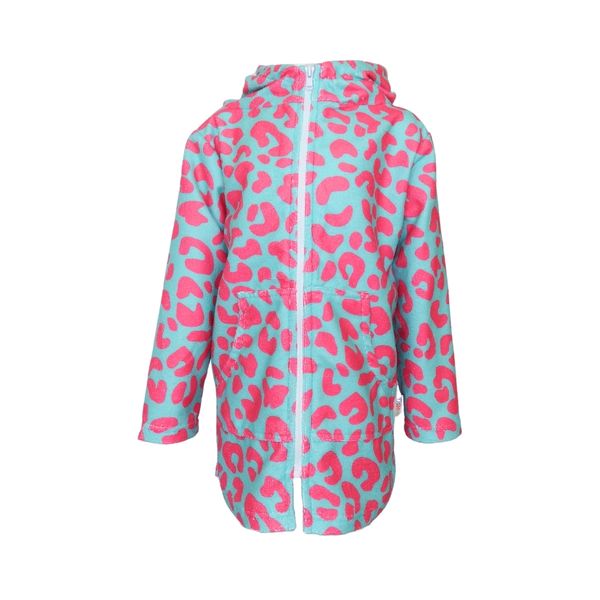 Girls Pink Teal Leopard Print Hooded Beach Towel Zip Long Sleeve Swim