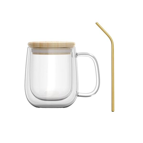 Double Wall Glass Mug with Bamboo Lid and Straw - 350ml