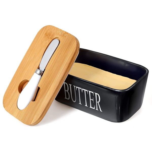 Porcelain Butter Dish, Airtight Butter Container with Bamboo Lid and Knife
