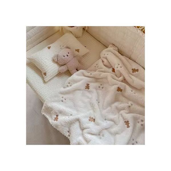 Thick Coral Fleece Baby Blanket with Bear Embroidery