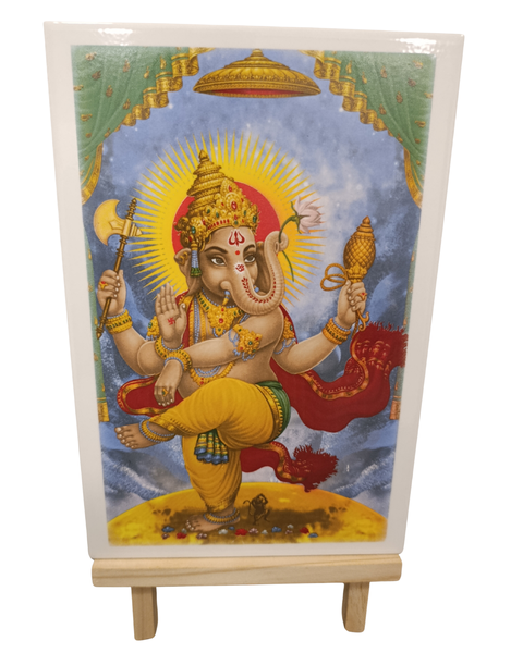 Hindu Religious Tile Ceramic Glazed -Ganesha Nataraj+ Wooden Easel Stand