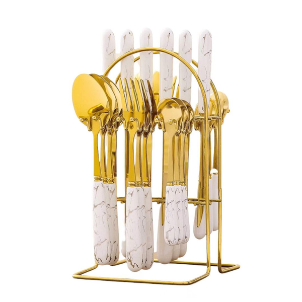 Gold Dinnerware Flatware Set with Marbled Ceramic Handle &amp; Holder - 24 Pieces