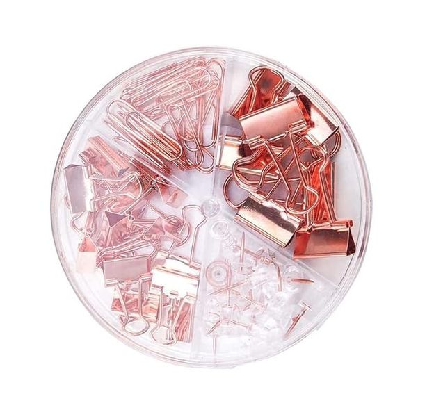 Container of Rose Gold Color Paper Binders