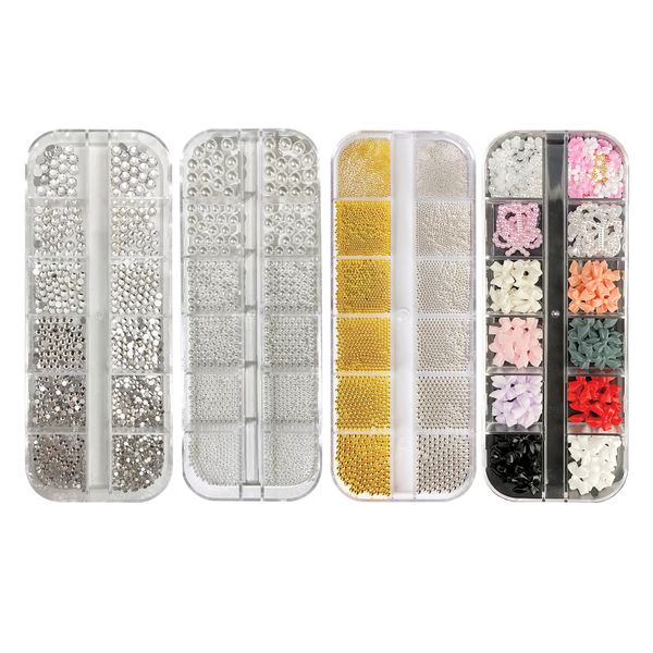 4-in-1 Nail Art Decoration Set - Rhinestones, Pearls, Gold Beads &amp; 3D Bows
