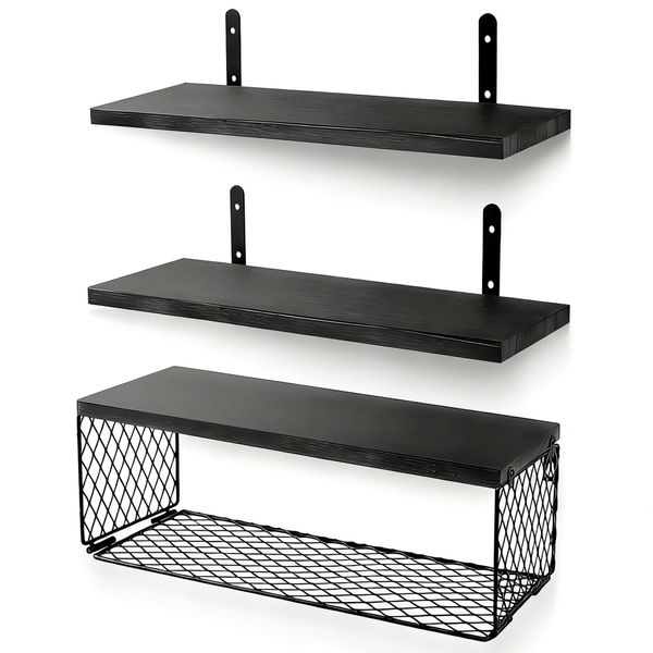 3 Pack Bathroom Floating Shelves With Storage Basket For Wall Over Toilet