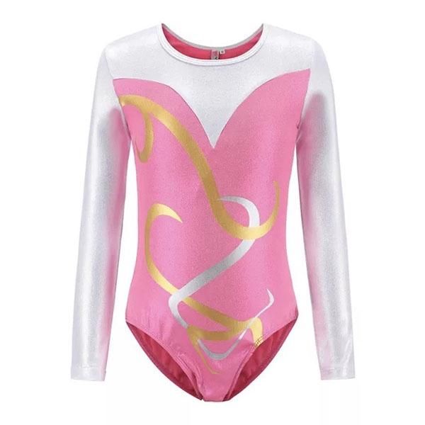 Pink Long Sleeve Leotard with Gold Detail