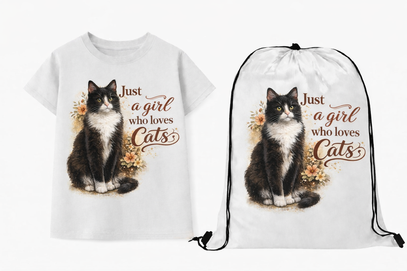 Tuxedo Cat - Just A Girl who Loves Cats Kids White T-shirt &amp; Drawstring Bag