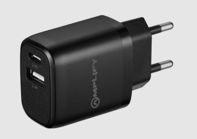 Amplify On the Fly Dual USB &amp; Type-C 12W Wall Charger - Black