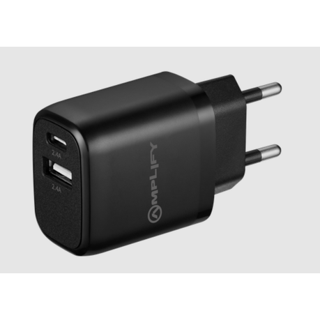 Amplify On the Fly Dual USB & Type-C 12W Wall Charger - Black Image