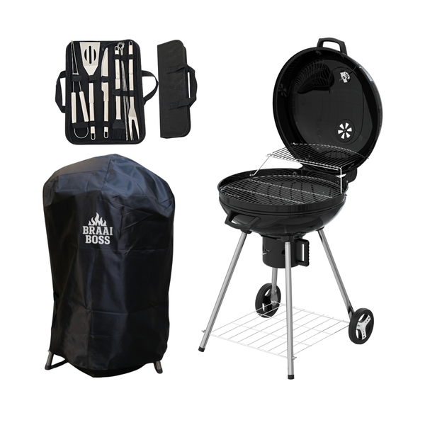 BraaiBoss 57cm Charcoal Kettle Braai - Hinged Lid, Cover &amp; Braai Tool Set