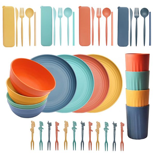 Wheat Straw Dinnerware - Shatterproof Camping &amp; Picnic Tableware - 44 Piece