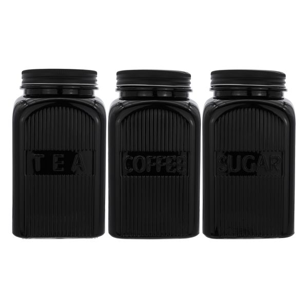 Regent Black Ribbed Square Glass Canisters (Tea|coffee|sugar)3pce SET,1.2LT