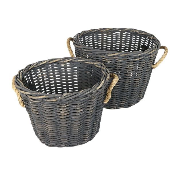 Rattan Thick Oval Baskets Set of 2 Dark Grey Wash